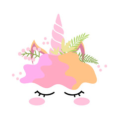 Cute unicorn face with pink and yellow hair cartoon illustration. Pretty magic animal head with pink horn and plants or birthday decoration for cake on white background. Fantasy, dream concept