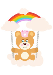 Princess teddy bear on swing made of clouds and rainbow