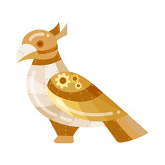 Mechanical bird cartoon illustration. Robotic bird toy isolated on white background. Metal electronic pet cyborg or futuristic monster. Robots, future concept