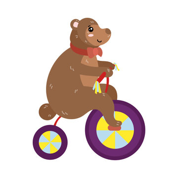 Cute colorful bear on bike. Bear riding circus penny-farthing. Vector illustration for mobile app, sticker, kids print design. Circus concept