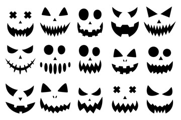 Naklejka premium Big vector collection halloween pumpkin faces isolated on white background. Halloween decoration design. Vector