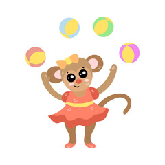Fototapeta na wymiar Cute little monkey juggling. Trained monkey in dress playing with balloons. Vector illustration for mobile app, sticker, kids print design. Circus concept