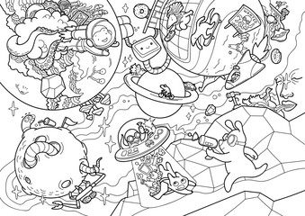 Vector giant coloring page with a space adventure. Contour big illustration with funny cartoon characters in the doodle style for children and adults. A poster with astronauts.