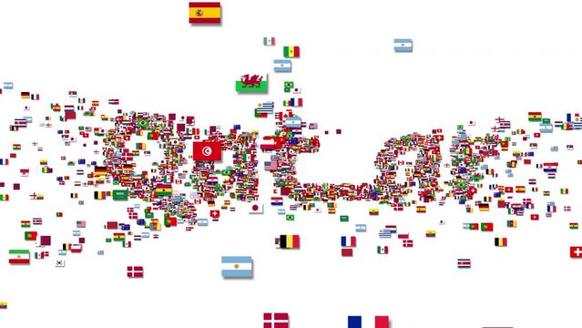 Qatar's title is revealed with various country flags. The text reveals animation on white isolated background. 2022 text animation. Graphics resource. 4k video.