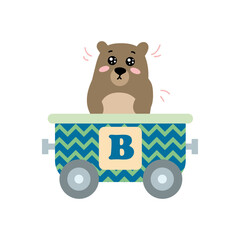 Alphabet train carriage with bear and letter b. Vector illustration of abc for preschool children learning English letters. Cartoon funny bear sitting in vehicle isolated on white. Education, game