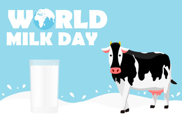 World Milk Day. Cow and milk glass concept. Template for background. Flat design. Vector illustration.