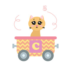 Alphabet train carriage with cat and letter c. Vector illustration of abc for preschool children learning English letters. Cartoon funny cat sitting in vehicle isolated on white. Education, game