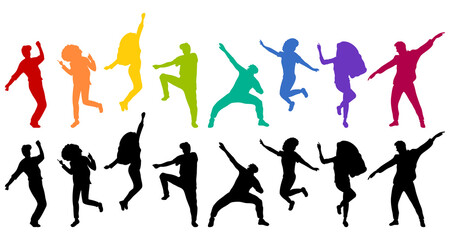 Detailed silhouettes of expressive dance people dancing on an isolated white background. Young men and women enjoying a dance party. Exciting music party. Adult friends jumping and dancing.