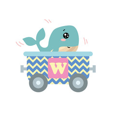 Alphabet train carriage with whale and letter w. Vector illustration of abc for preschool children learning English letters. Cartoon funny whale sitting in vehicle isolated on white. Education, game