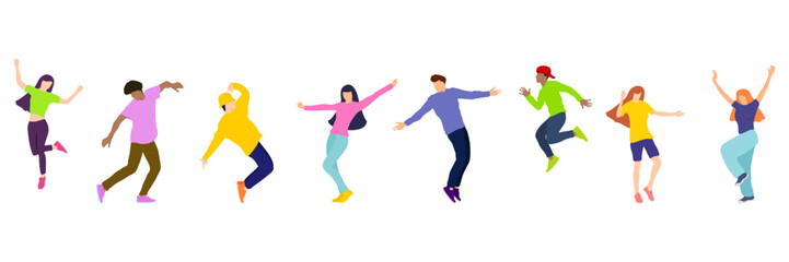 Fototapeta na wymiar A group of happy young people dancing on isolated white background. Young men and women enjoying a dance party. Exciting music party. Adult friends jumping and dancing. Vector illustration flat style