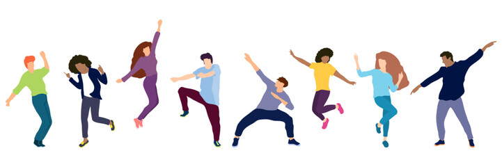 A group of happy young people dancing on isolated white background. Young men and women enjoying a dance party. Exciting music party. Adult friends jumping and dancing. Vector illustration flat style