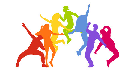 Fototapeta na wymiar Detailed silhouettes of expressive dance people dancing on an isolated white background. Young men and women enjoying a dance party. Exciting music party. Adult friends jumping and dancing.