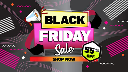 Black Friday discount 55 percent banner illustration with elements