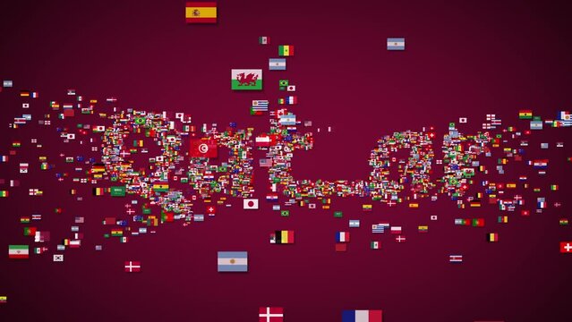 Qatar's title is revealed with various countries' flags. The text reveals animation on maroon isolated background. 2022 text animation. Graphics resource. 4k video.	