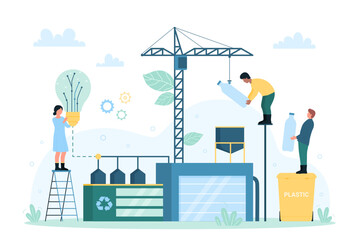 Waste recycling bio technology, electricity, energy production vector illustration. Cartoon tiny people put plastic bottle with construction crane into funnel of recycling factory, holding light bulb