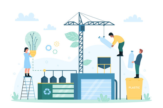 Waste Recycling Bio Technology, Electricity, Energy Production Vector Illustration. Cartoon Tiny People Put Plastic Bottle With Construction Crane Into Funnel Of Recycling Factory, Holding Light Bulb