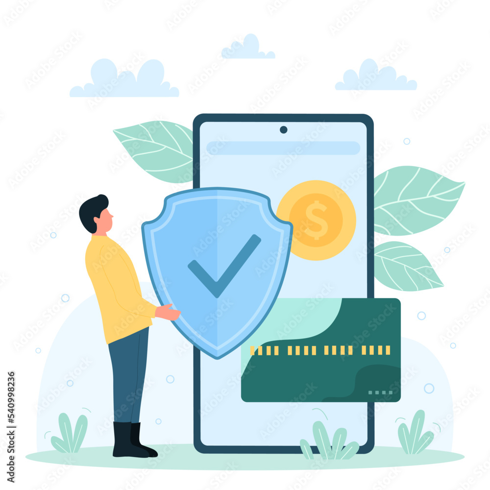 Poster secure payment in mobile app vector illustration. cartoon tiny man holding safety shield with checkm