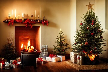 Fireplace in a room with Christmas decorations 3D render 