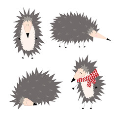 Set of funny cute hedgehogs in different poses with accessories. Stickers, clipart, characters