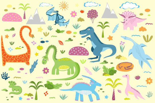 A set of cute dinosaurs of different types and poses with decorative elements. prehistoric world