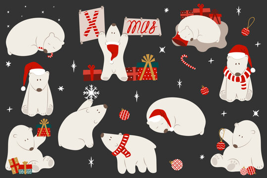 Set of cute funny christmas polar bears in different poses with decorative elements. New year holiday stickers, clipart, design
