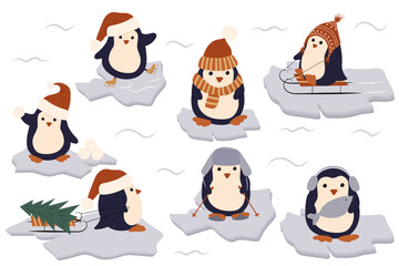 Winter set of funny penguins on ice floes with elements: skis, sleds, Christmas tree, hat and scarf, snowballs, fish, skates