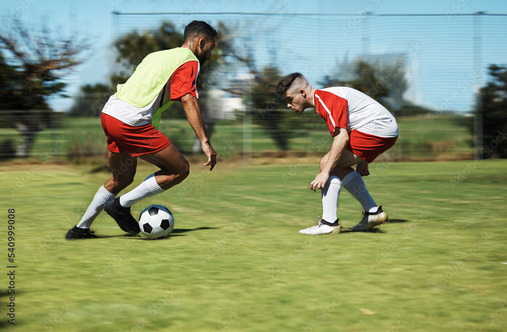 Canvas Prints Soccer, friends and training and workout with men playing on a sports field, competitive training for sports goal. Ball, team and energy with exercise, fitness and practice outdoor football on grass