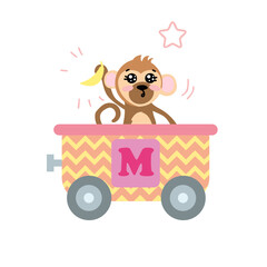 Fototapeta premium Alphabet train carriage with monkey and letter m. Vector illustration of abc for preschool children learning English letters. Cartoon funny monkey sitting in vehicle isolated on white. Education, game
