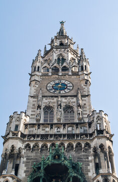 Low angle view of New Town Hall against clear sky in city