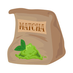 Paper bag of matcha. Pack of matcha powder with tag and picture on it. Vector illustration isolated on white background. Food, culture concept.