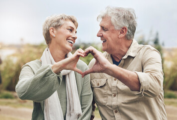 Love, heart sign and senior couple with marriage happiness, healthy and wellness lifestyle in...