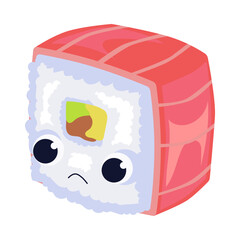 Sad roll with fish. Salmon roll with sad face. Cartoon vector illustration isolated on white background. Japanese food concept.