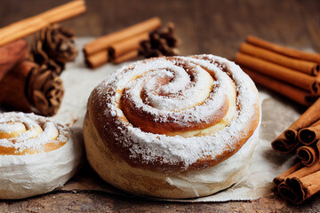 Freshly baked cinnamon rolls on wooden board. Festive, winter, Christmas mood
