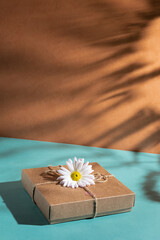 Craft gift box decorated with chamomile flower on a blue and orange background. Zero waste concept. copy space.