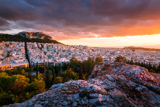 View of Lycabettus hill and Acropolis from Strefi Hill in Athens.