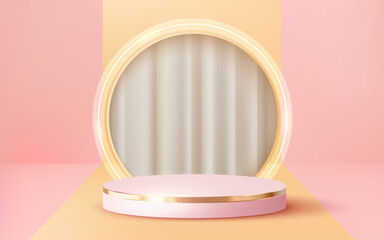3d rendered luxury gold podium with white curtain showcase vector 3d pink background
