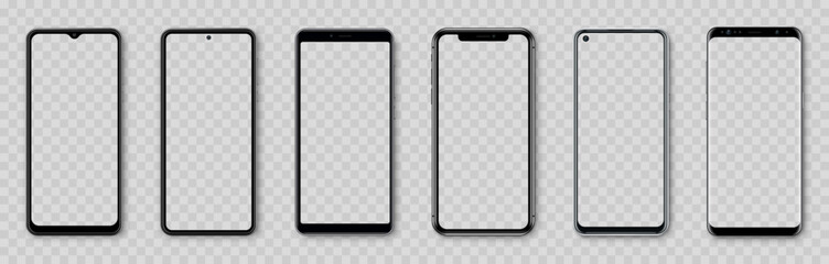 Set of realistic smartphone frame mockup isolated on transparent background.
