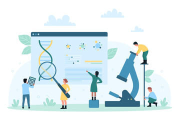 Fototapeta na wymiar Genetic scientific research and study vector illustration. Cartoon tiny people looking through magnifying glass at DNA, scientists using lab microscope for genes, molecules and chromosome analysis