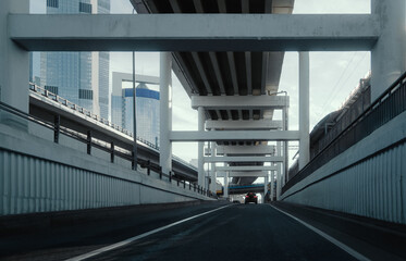 Car are driving on the road near downtown. Moscow City, business center