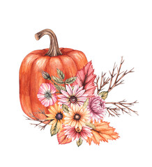 Watercolor pumpkin with flowers and dry leaves on a white background