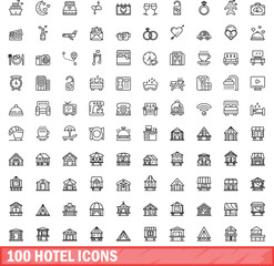100 hotel icons set. Outline illustration of 100 hotel icons vector set isolated on white background