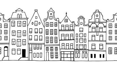 Amsterdam houses seamless pattern. European city. Hand drawn vector illustration. Cartoon outline houses facades.