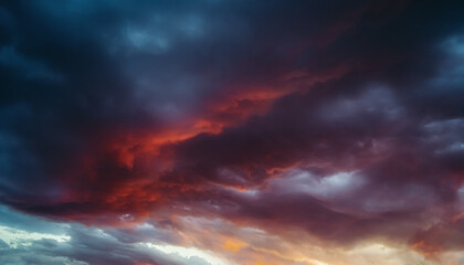 Fototapeta na wymiar Dramatic clouds in the sky at beautiful red sunset. Nature landscape background