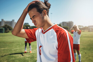 Sport fail, soccer team loss and athlete angry about sports game results on a outdoor field. Football, soccer player and teamwork upset after exercise, workout and training for fitness and cardio - Powered by Adobe