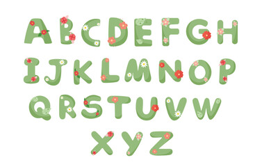 Set of green floral alphabet, abc with flowers for baby shower, birthday cads, nursery room decor.