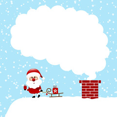 Weihnachtsmann Mit Schlitten Auf Dach Rauchwolke Schnee Blau Dunkelrot