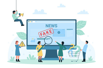 Fototapeta na wymiar Fake news, false misleading information spreading online vector illustration. Cartoon tiny people with magnifying glass verify hoax, disinformation at website or social media on computer screen