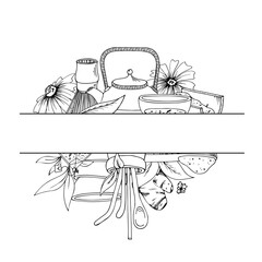 Japanese ceremony with Matcha. Hands holding tea items. Vector illustration doodles, set of tea party in thin line art sketch style