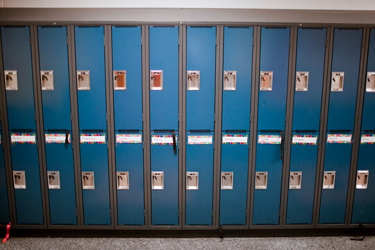 A row of lockers in a school hallway.