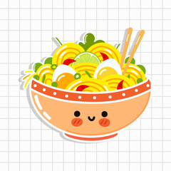 Cute funny ramen bowl sticker. Vector hand drawn cartoon kawaii character illustration icon. Ramen bowl character concept